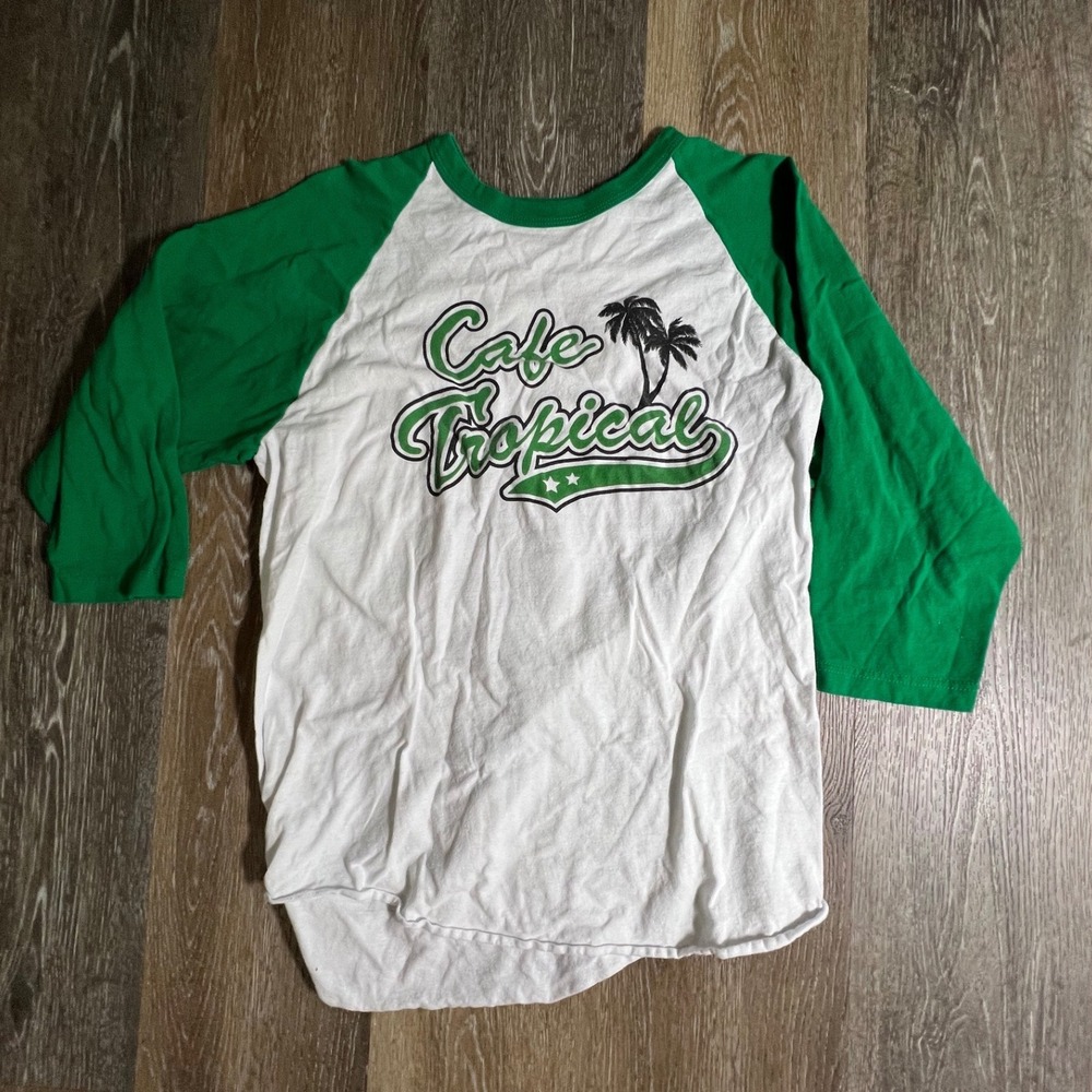 Schitt's Creek Cafe Tropical Shirt Adult Medium White Green Raglan Baseball Tee